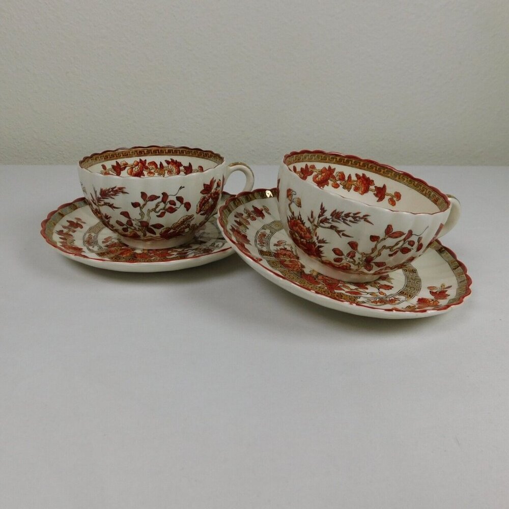 Lot of 2 Spode Indian Tree Tea Cup Saucer Set Scalloped Orange Old Backstamp Vtg